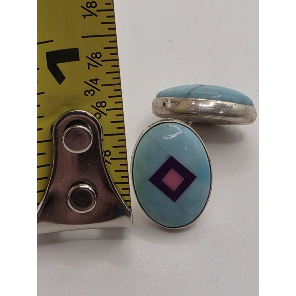 Navajo Designer Willie Saiz Sterling Silver 925 Multi-Stone Inlay Stud Earrings - Picture 4 of 4